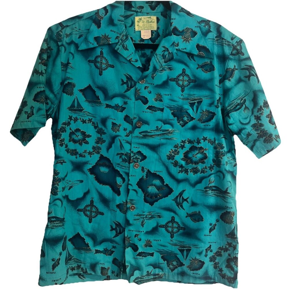 VINTAGE UI-MAIKAI Cotton Hawaiian Shirt Turquoise Gold Islands Men’s Sz Medium